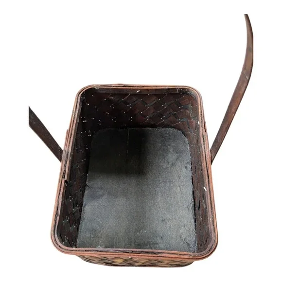 Wood Woven Basket with Handle Two Toned  Rectangular - Picture 7 of 8